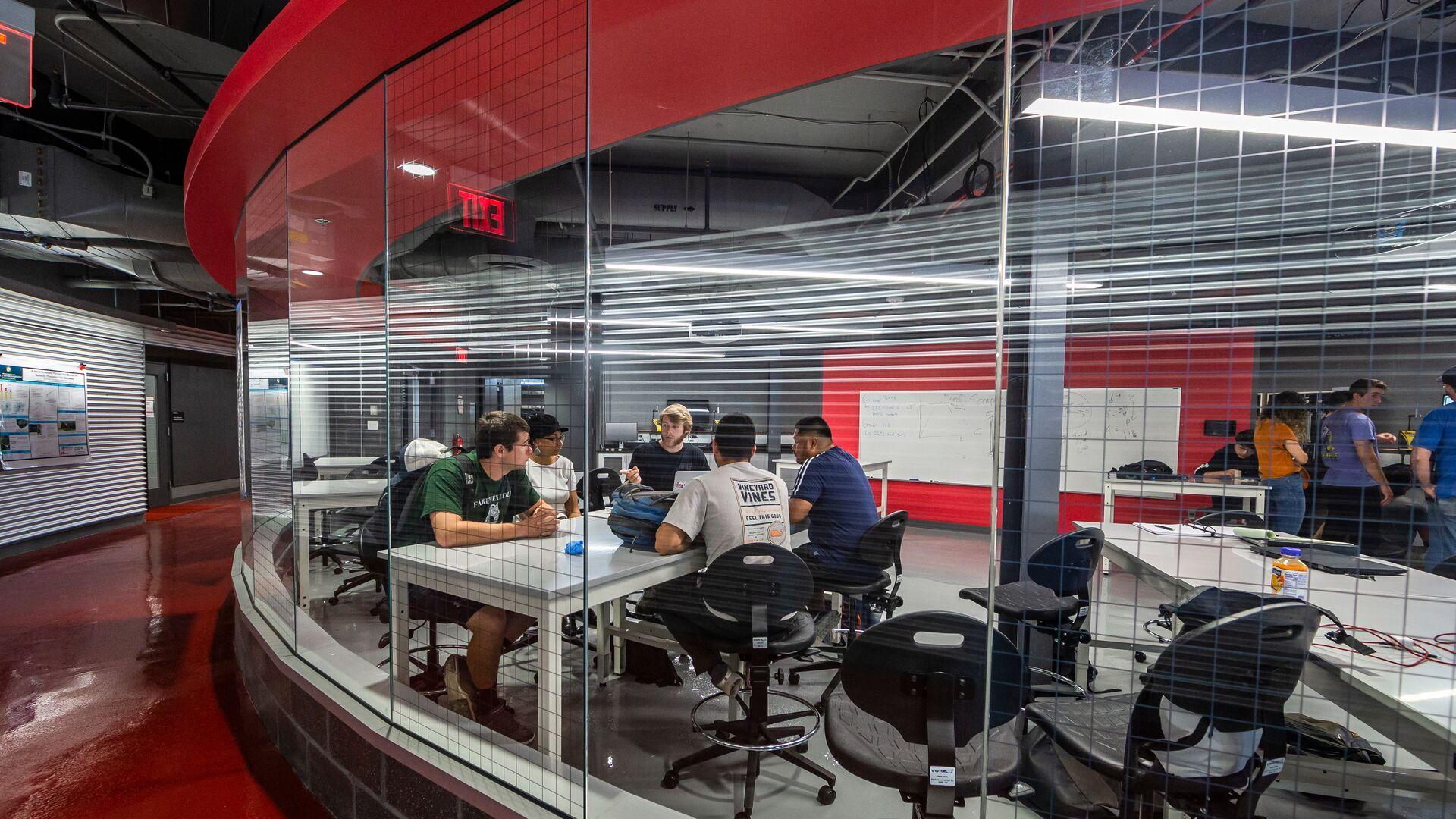 Students working in the Richard Vogel Materials and Soils Testing Laboratory, part of the new Whiting-Turner Infrastructure Engineering Laboratories.