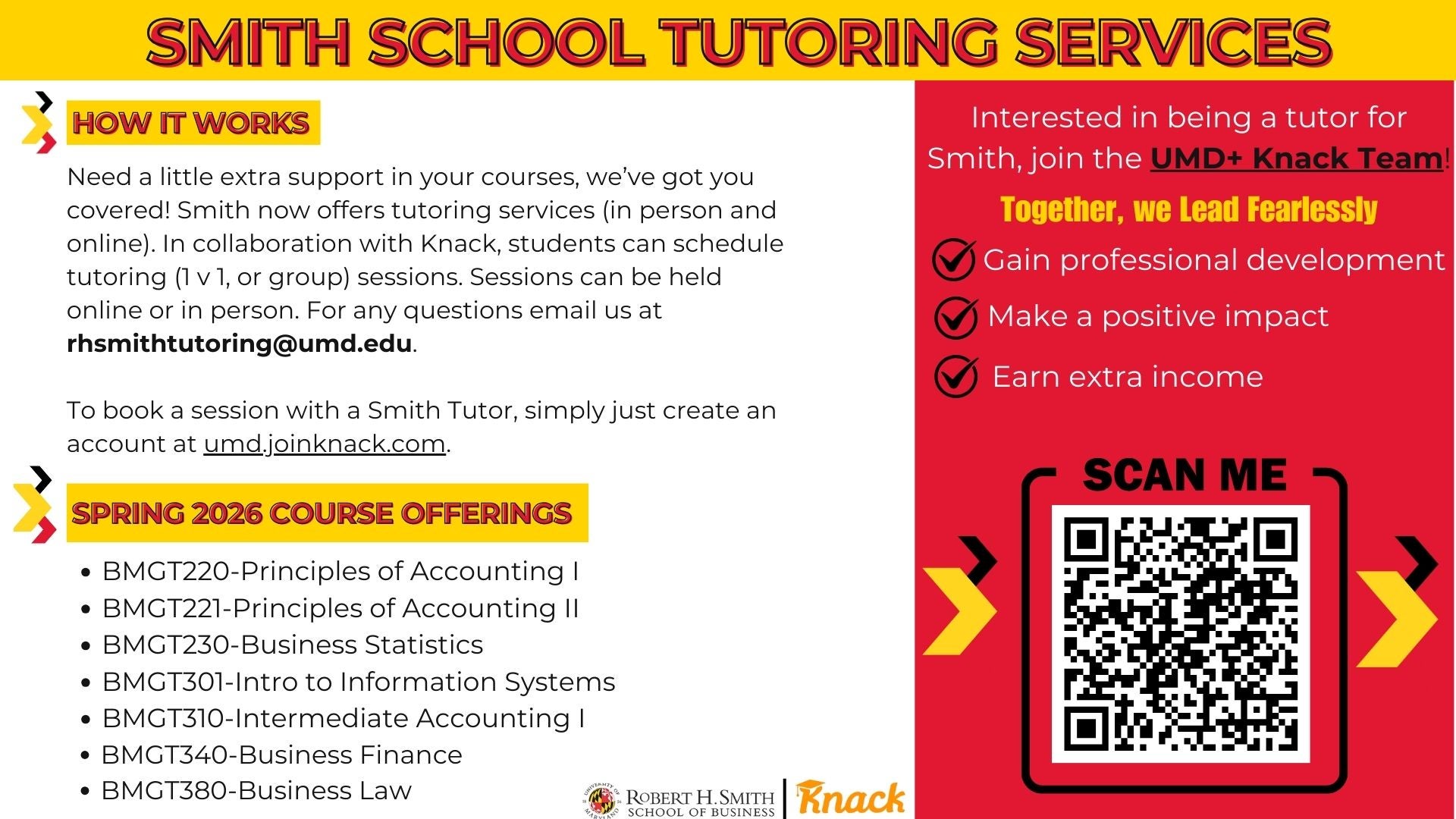 Flyer text " To book a session with Smith Tutor, create an account at umd.joinknack.com