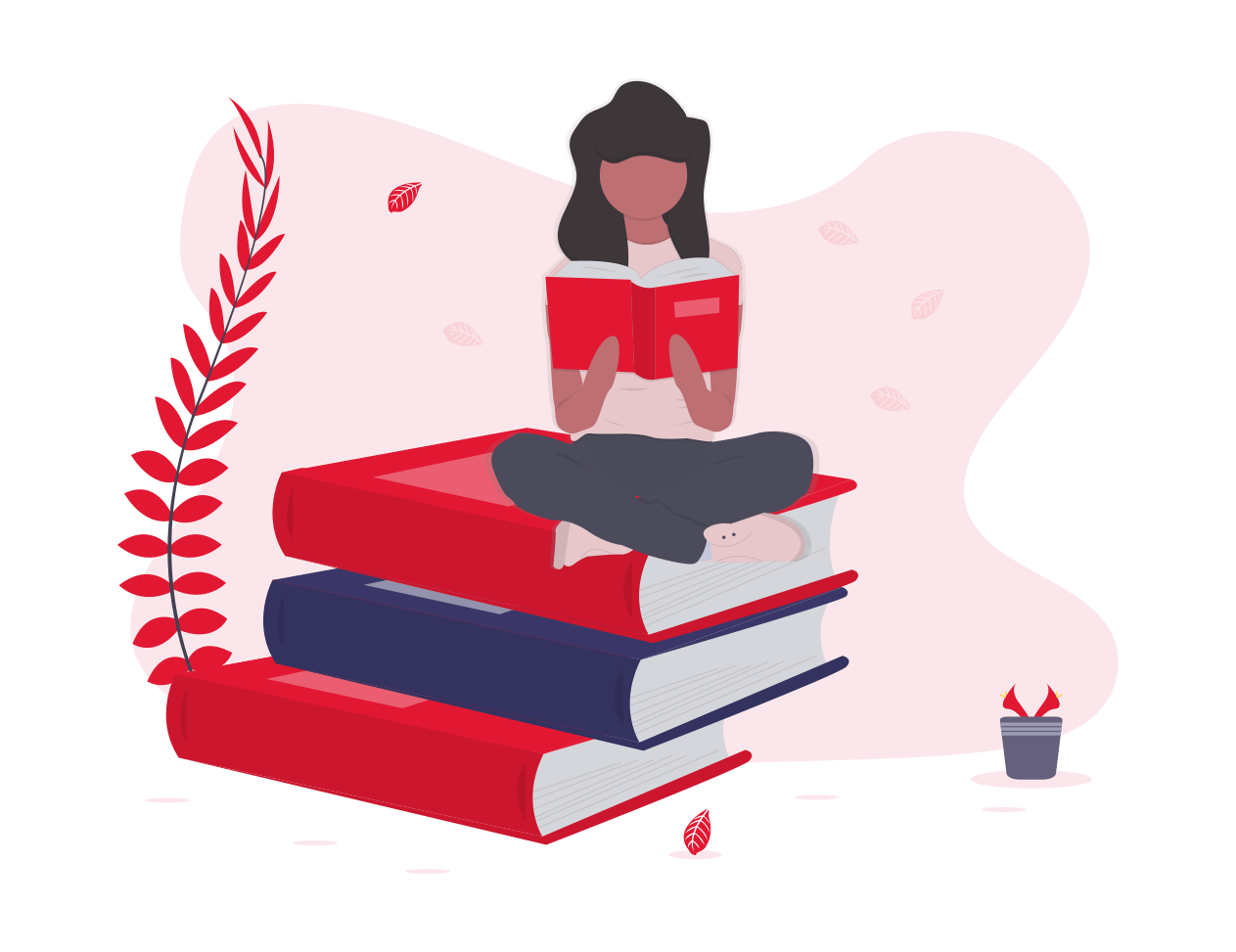 Person sitting on an oversized stack of books, Illustration from undraw.com