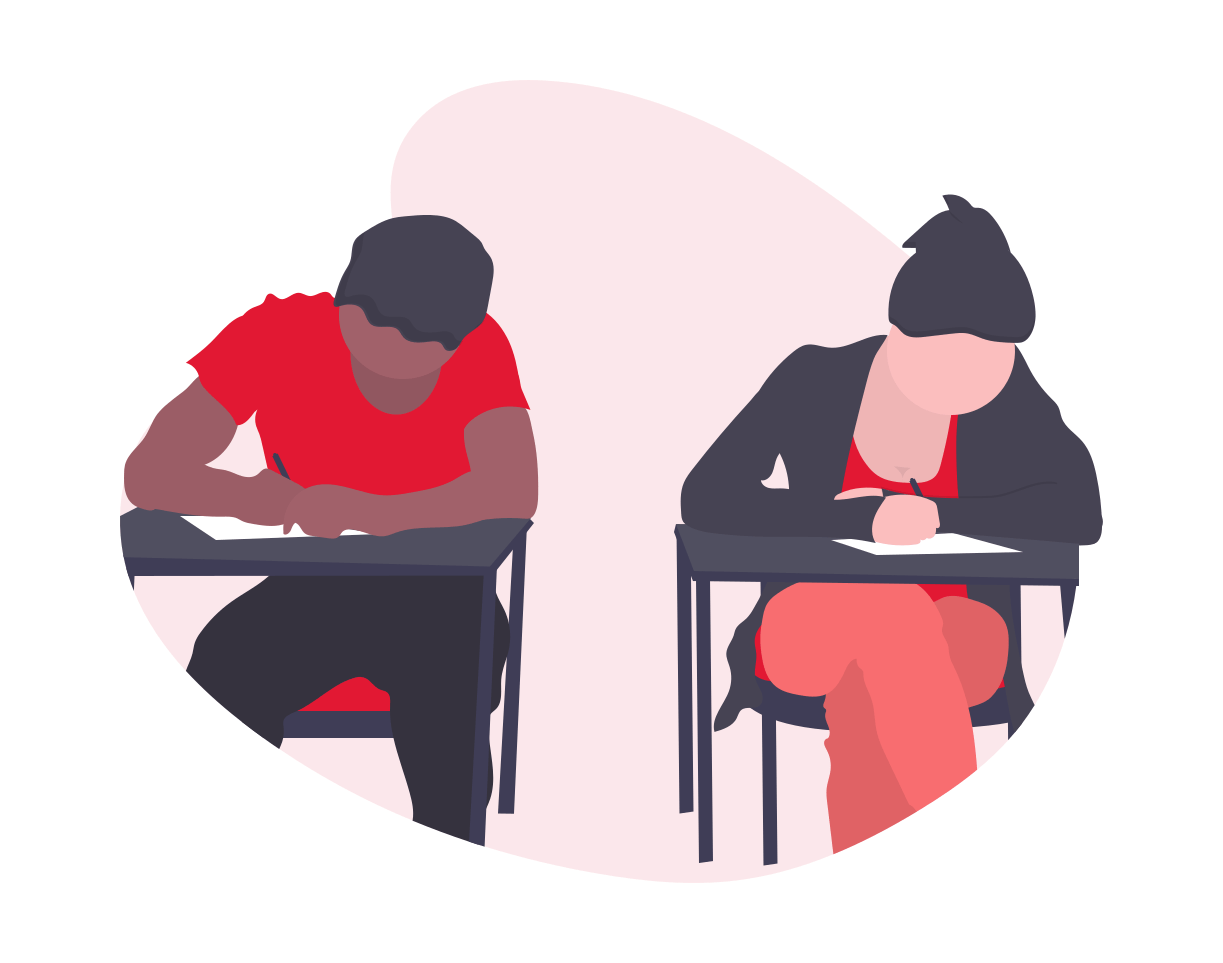 Students sitting at school desks focused on an exam, illustration from undraw..co