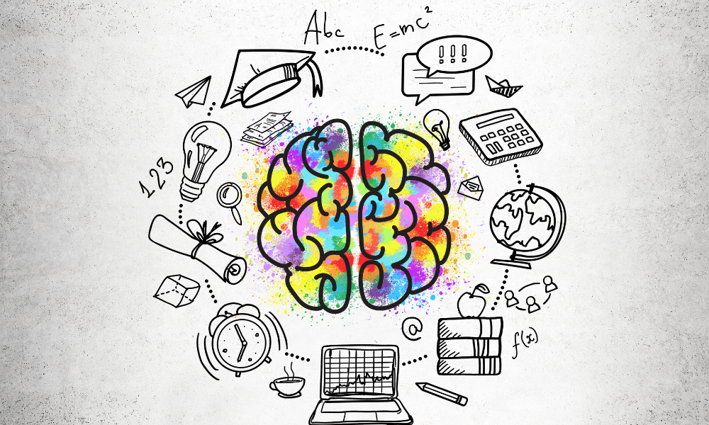drawing of brain with icons of clock, diploma, paper, lightbulb