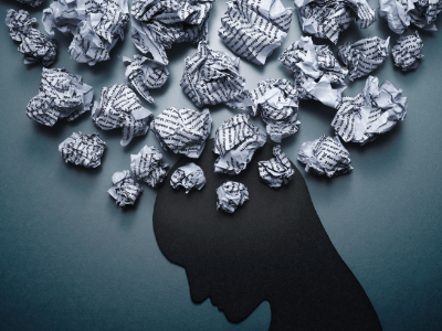 drawing of person with crumpled paper at top of head