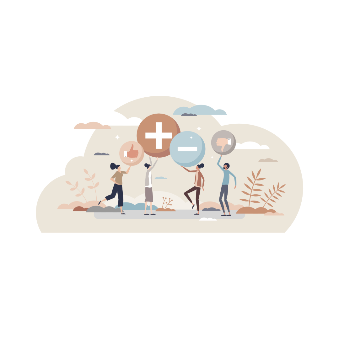 People holding positive and negative bubbles to represent feedback 
